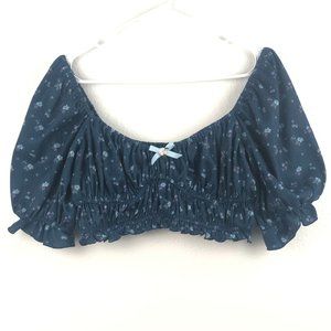 For Love & Lemons Top Womens XL Navy Blue Floral Pointelle Lola Cropped Ruffle